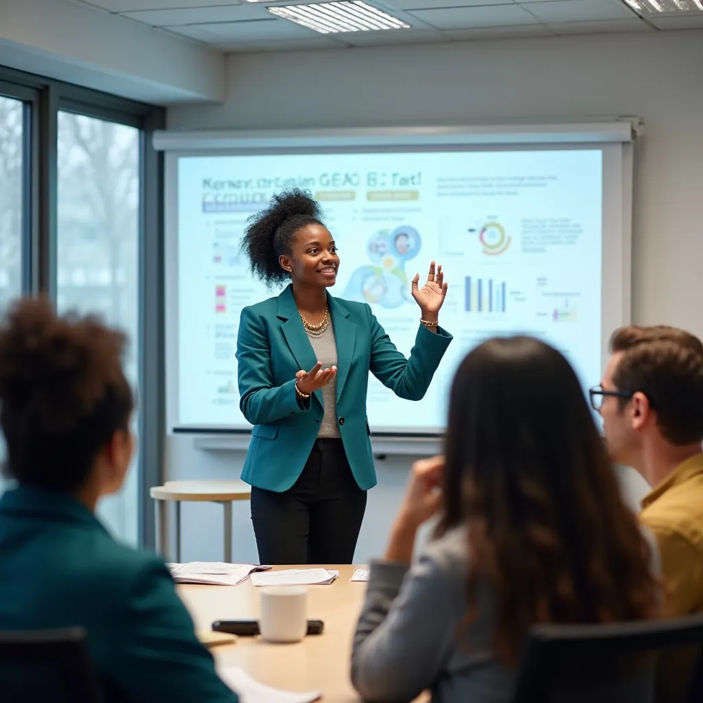 Educator explaining consumer rights to a small group in a community setting