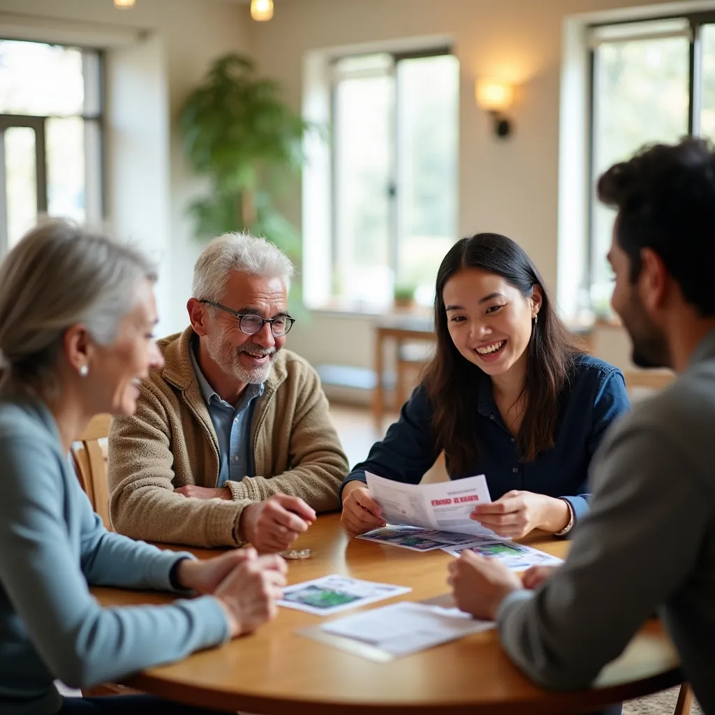 Diverse group of adults examining gift cards together at a bright community center