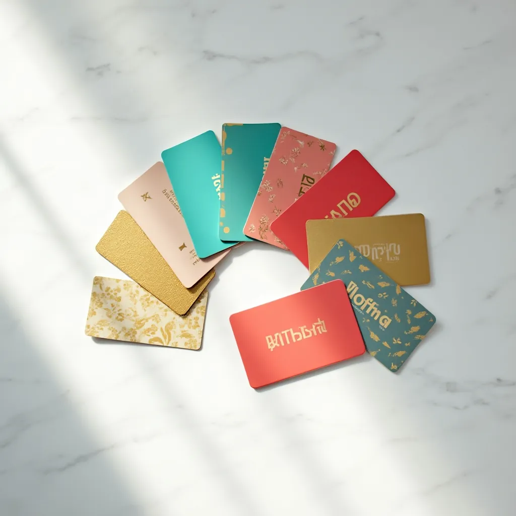 Assortment of gift cards on a clean desk with a smartphone showing a balance lookup