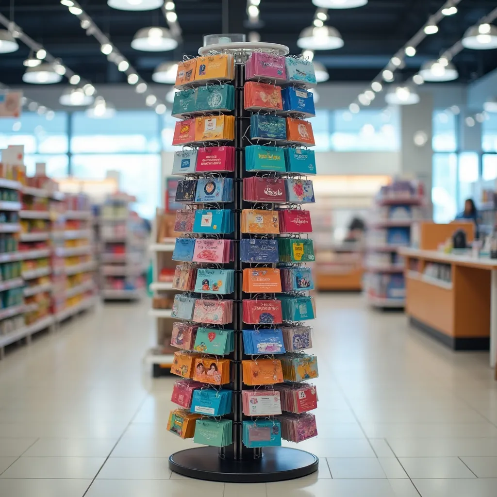 Retail gift card display rack with a mix of store-branded and Visa prepaid gift cards