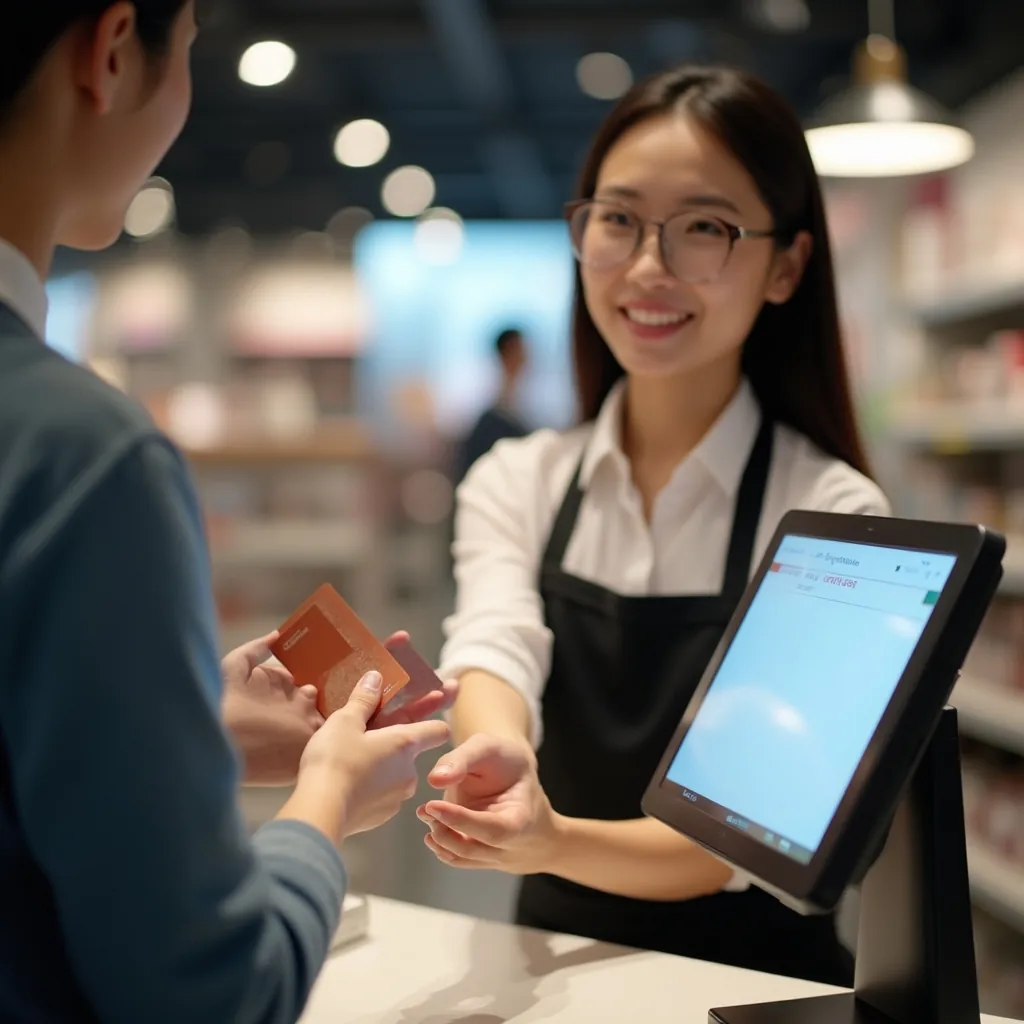 Customer handing a gift card to a cashier at a modern retail checkout