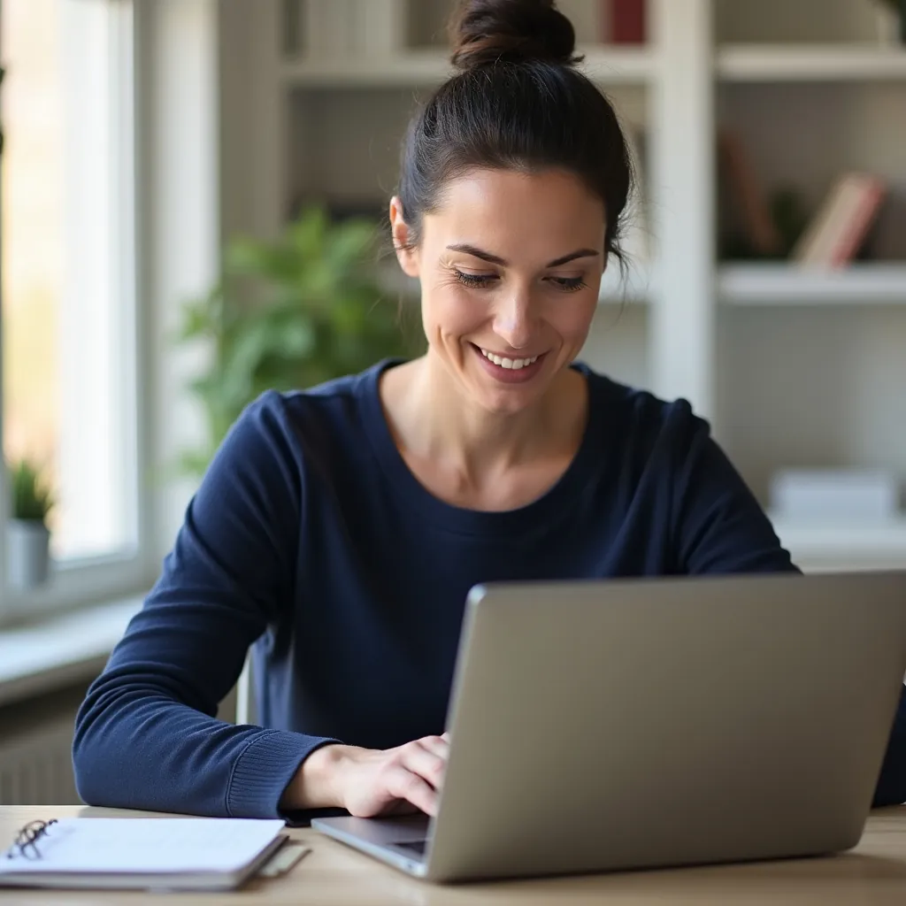 A well-lit home office with a laptop and a gift card on the desk, representing a safe environment for a balance check